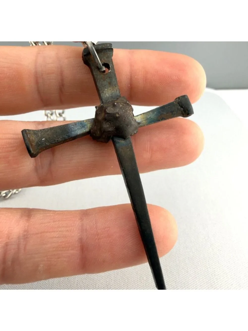 Handmade Iron Nail Cross Pendant Necklace Silver Tone Chain Rustic 24